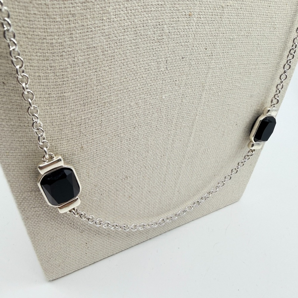 Vintage Silver Tone Station Necklace with Black Rectangular Stones - Picture 5 of 11